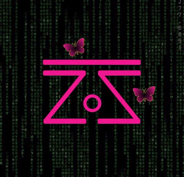 zspace glyph over a matrix code field, pynk on green